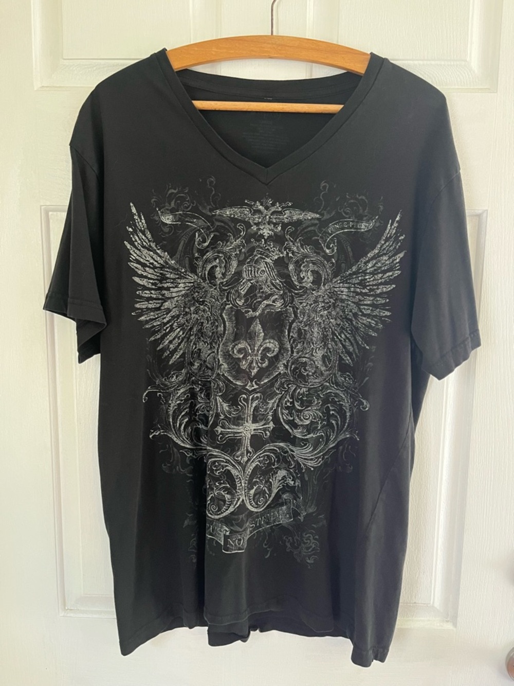 Mens Black V-Neck Graphic Tee - Winged Crest Design
